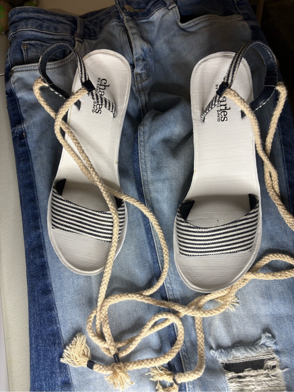 Charles David Navy and White Striped Espadrille Lace-Up Sandals